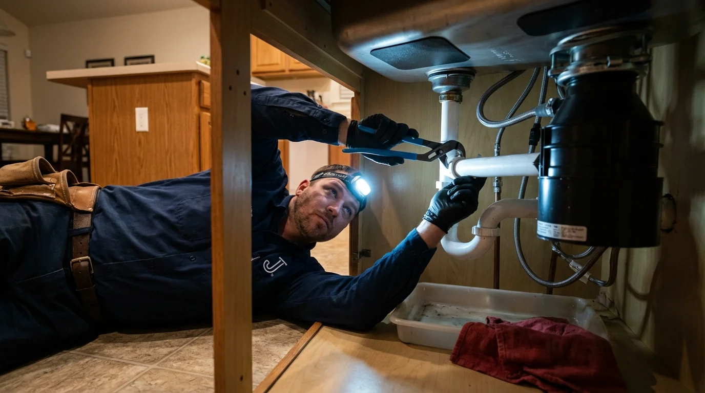 P-trap and supply line connections under a kitchen sink showing a common leak point in Clay, KY